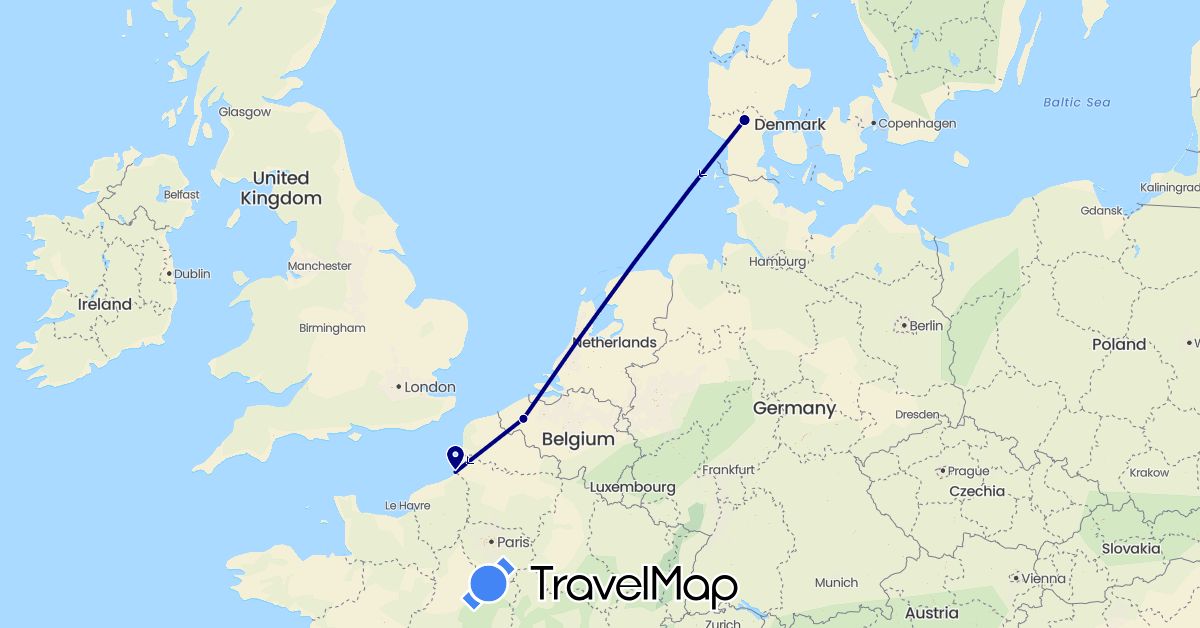 TravelMap itinerary: driving in Belgium, Denmark, France (Europe)